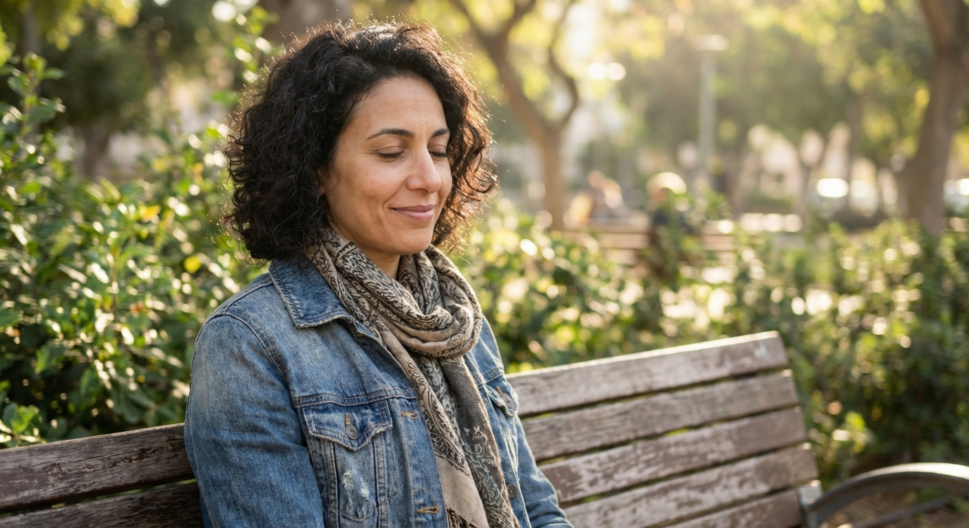 אישה ישראלית יושבת על ספסל בפארק בשעת בוקר, עוצמת עיניים לרגע של שקט