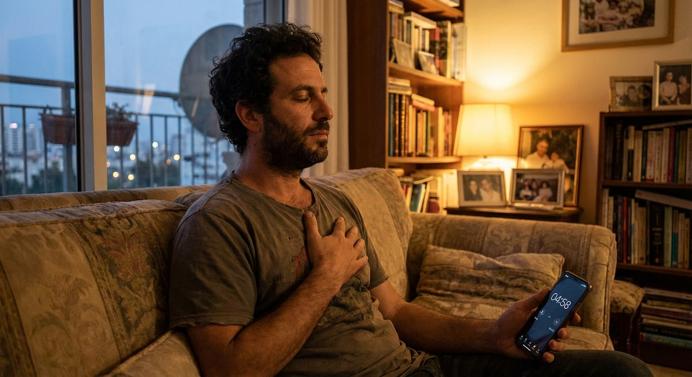 גבר ישראלי יושב בסלון בערב, עוצם עיניים ומתרגל נשימת 4-6 עם טיימר