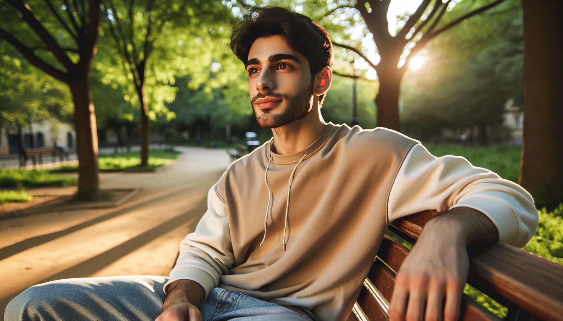 אדם ישראלי צעיר יושב על ספסל בפארק עם עיניים פקוחות, מביט קדימה בשלווה, רקע ירוק טבעי