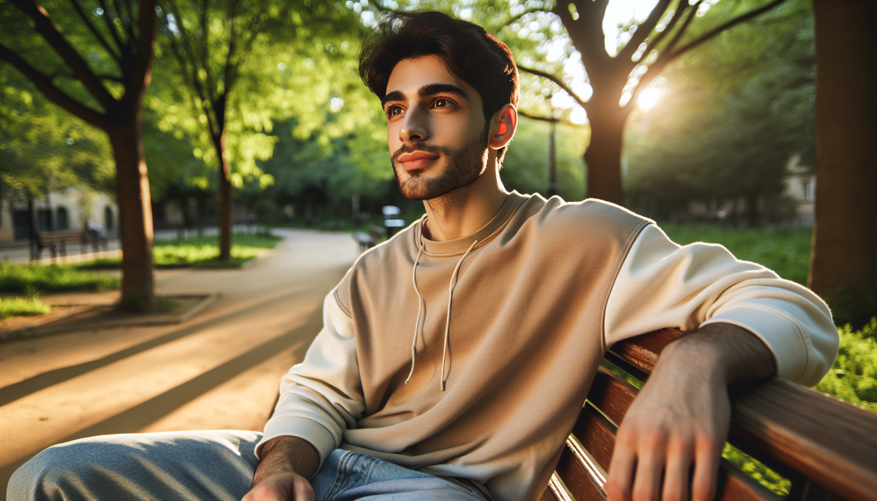 אדם ישראלי צעיר יושב על ספסל בפארק עם עיניים פקוחות, מביט קדימה בשלווה, רקע ירוק טבעי