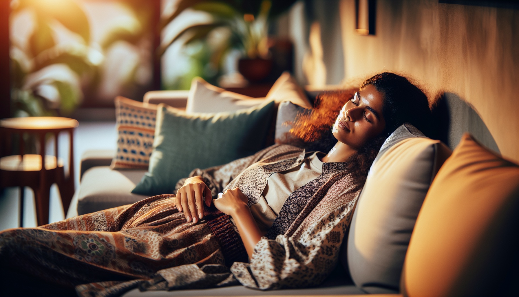 אישה ישראלית צעירה שוכבת על ספה בתנוחת מנוחה עם עיניים עצומות, אור חם רך