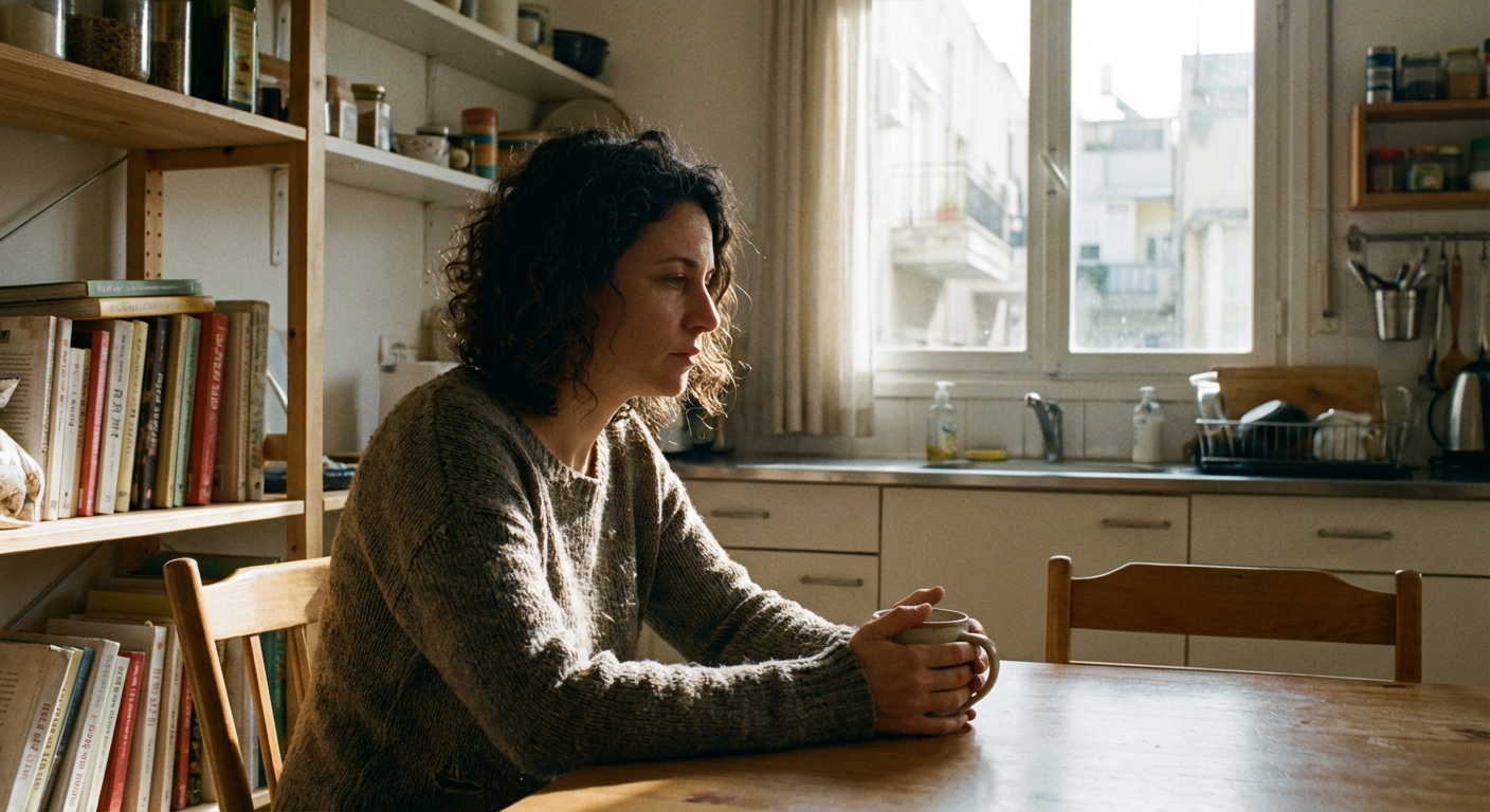 אישה ישראלית בשנות השלושים יושבת ליד שולחן מטבח ביתי, מבט מהורהר ועדין, מחזיקה כוס תה בשתי ידיים באור בוקר טבעי