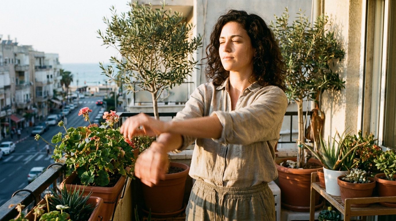 אישה בשנות ה-30 לחייה עומדת על מרפסת ישראלית ומנערת את הידיים בתנועה משחררת, אור בוקר רך