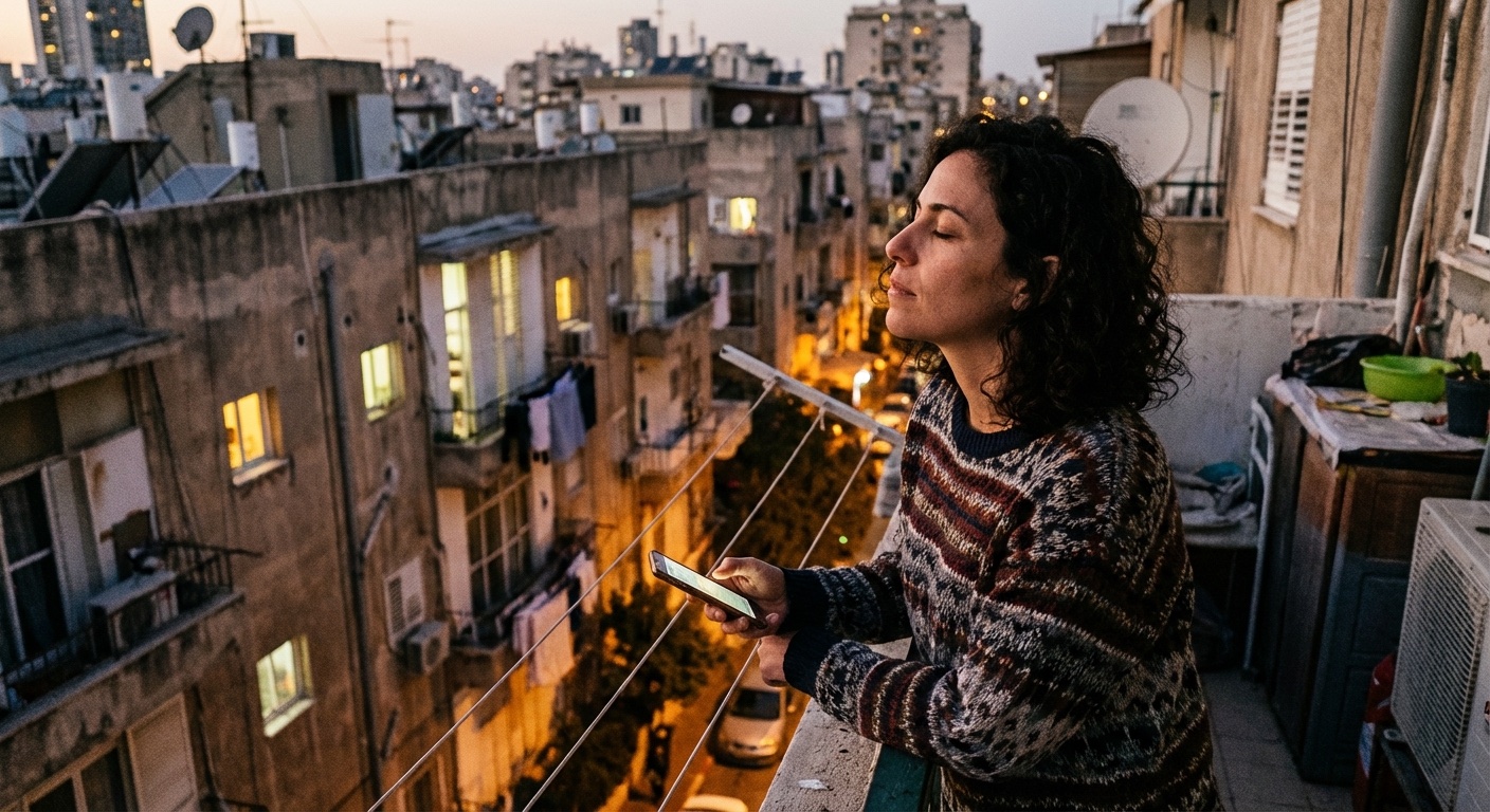 אישה ישראלית בשנות השלושים מחזיקה טלפון רגע לפני פתיחת אפליקציית חדשות, נושמת עמוק במרפסת ביתית בערב