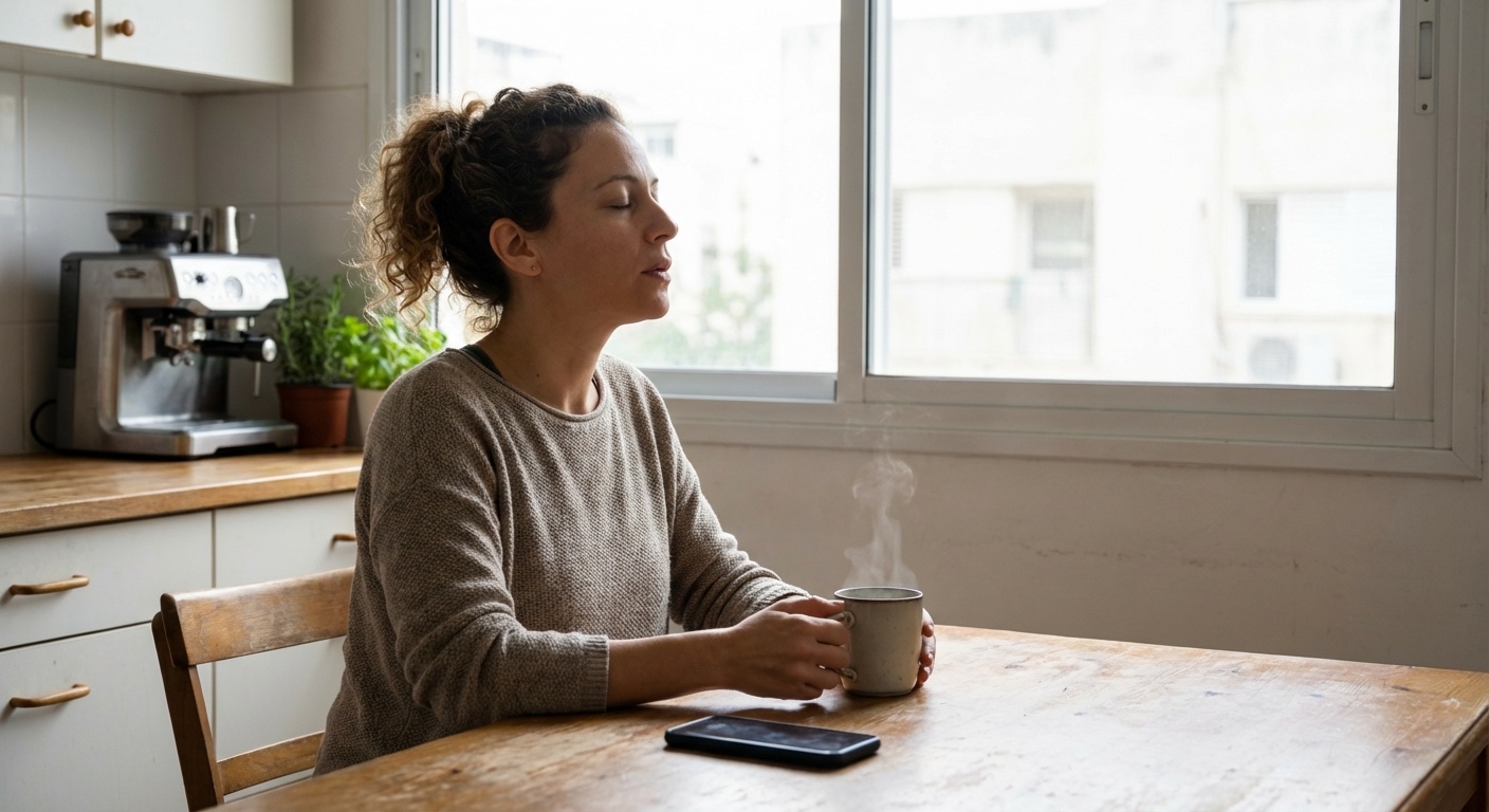 אישה ישראלית יושבת במטבח בבוקר, הטלפון מונח מולה עם מסך כבוי והיא לוקחת רגע נשימה לפני פתיחת וואטסאפ