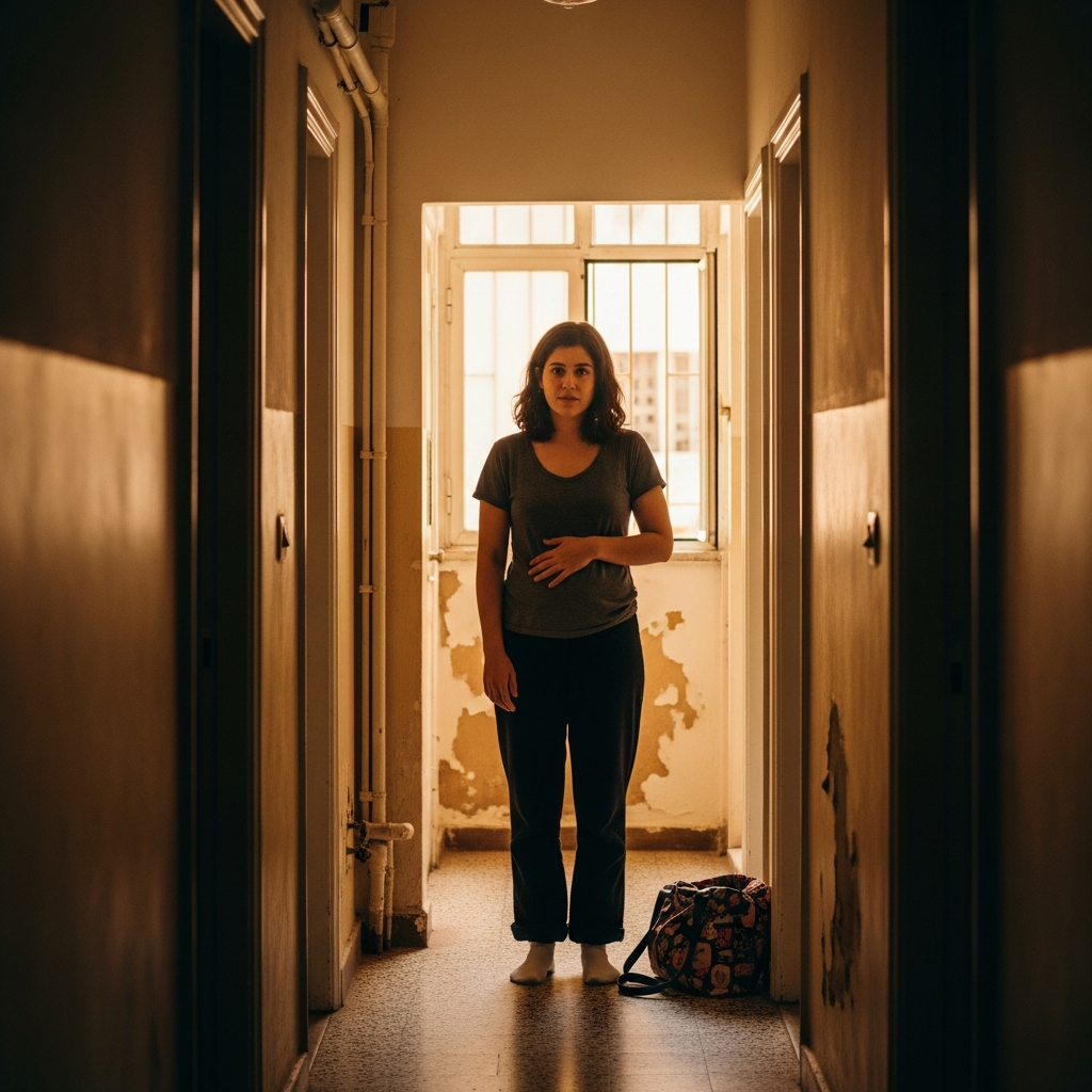 אישה ישראלית צעירה עומדת ליד דלת הכניסה לדירה, יד על הבטן, מביטה בתיק שמונח על הרצפה עם הבעה מהוססת