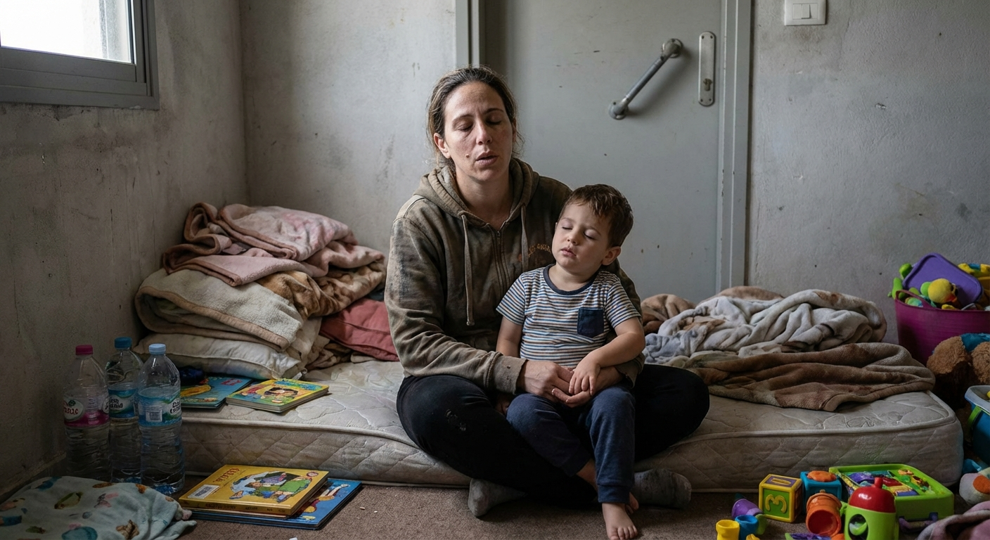 משפחה ישראלית יושבת בממ״ד בזמן אזעקה, הורה נושם עמוק ומרגיע ילד באור ביתי רך