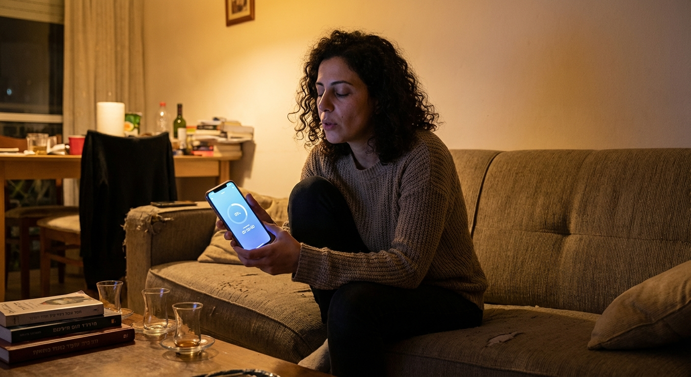 אישה ישראלית יושבת בבית בלילה עם טלפון פתוח על תרגול נשימה בזמן תחושת פאניקה