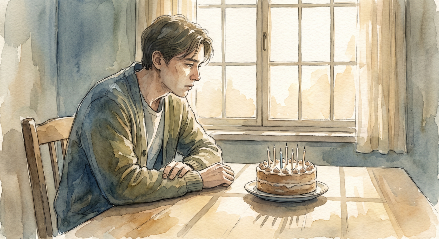 אדם יושב לבד ליד שולחן עם עוגת יום הולדת ונרות כבויים, באווירה מהורהרת