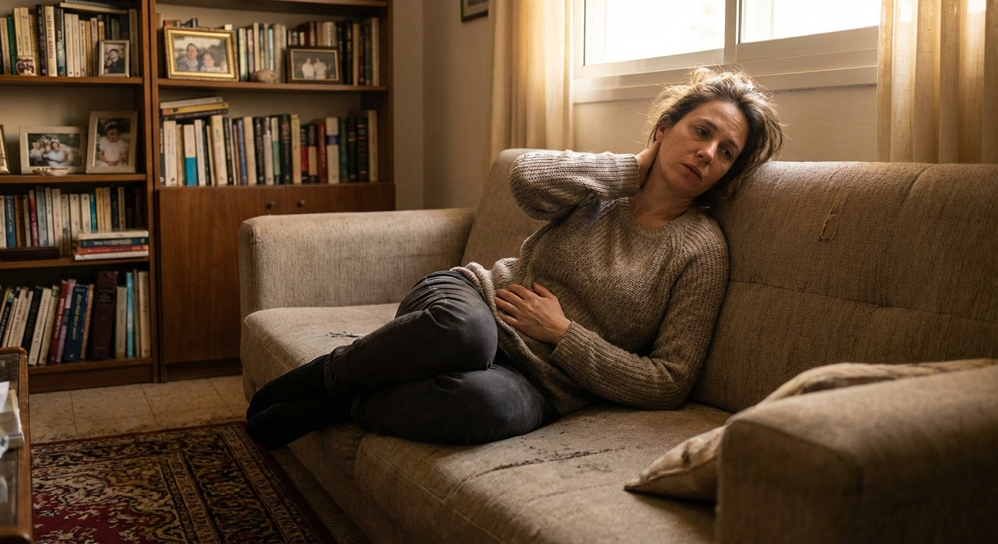 אישה ישראלית יושבת בסלון, יד אחת על הצוואר ויד אחת על הבטן, פנים עייפות, תאורה ביתית חמה