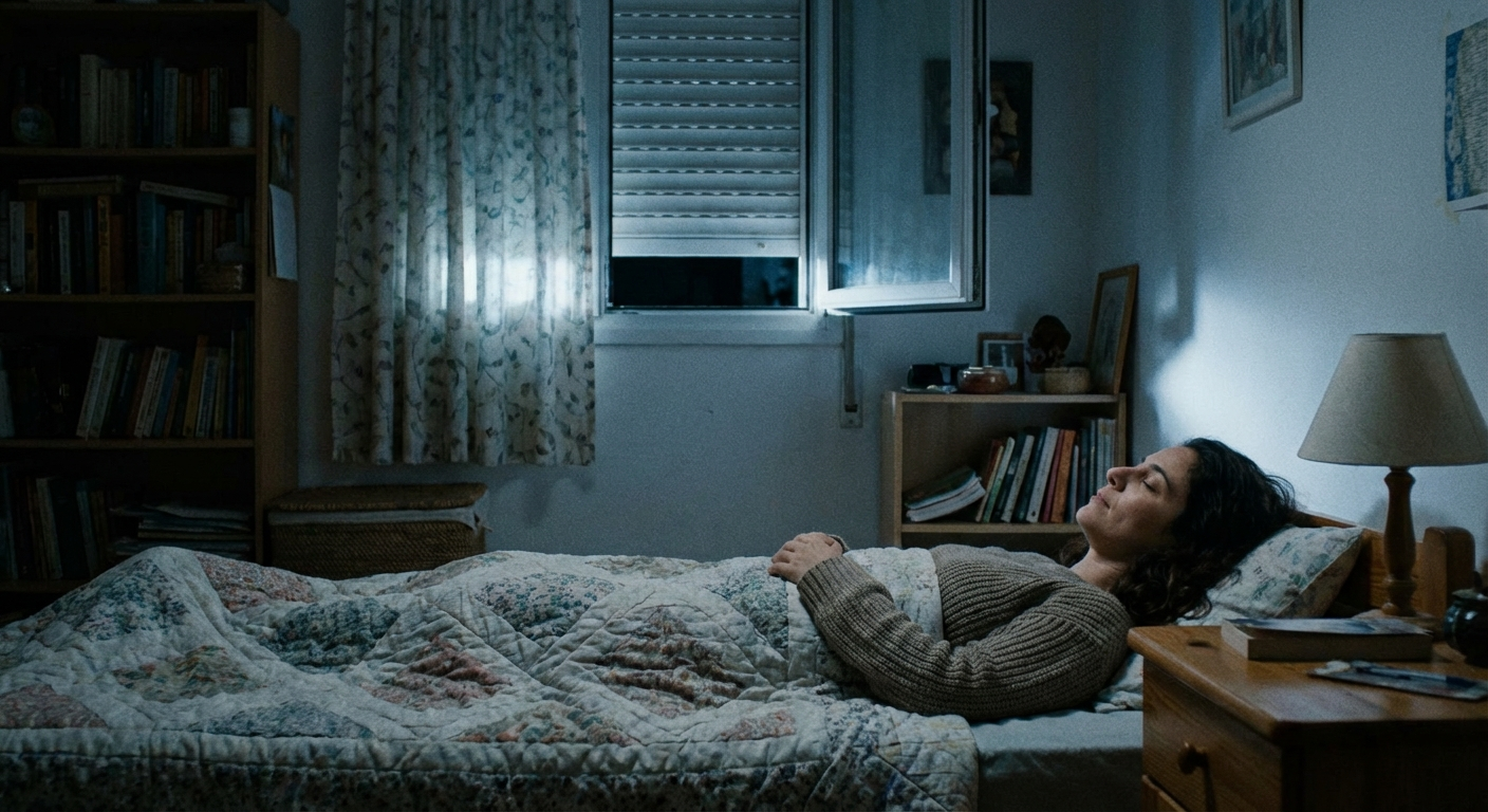 אישה ישראלית שוכבת במיטה בחדר חשוך ומתרגלת נשימות 4-7-8 לפני שינה