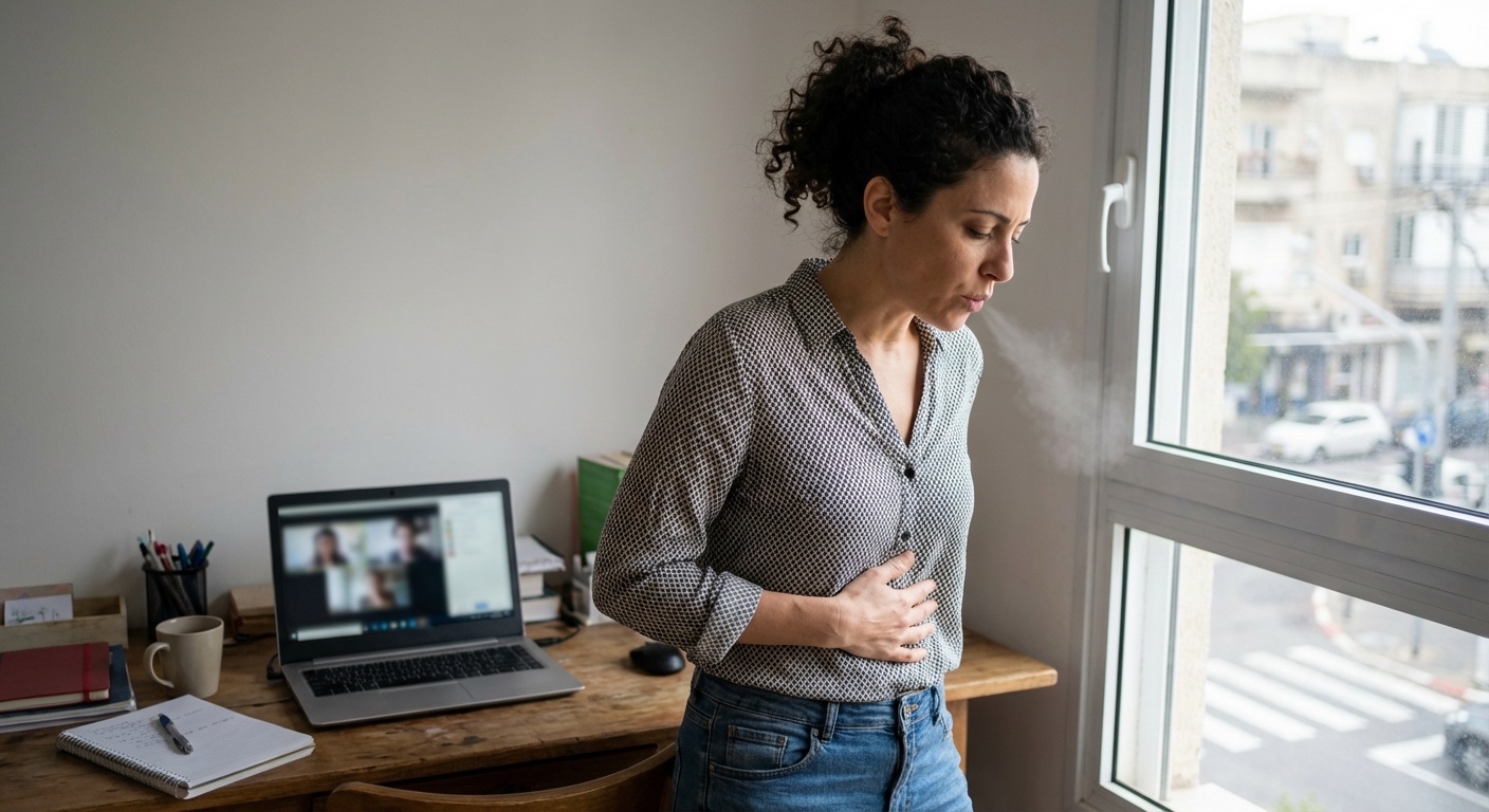 אישה ישראלית עומדת ליד חלון במשרד הביתי ונושמת עמוק לפני שיחת עבודה