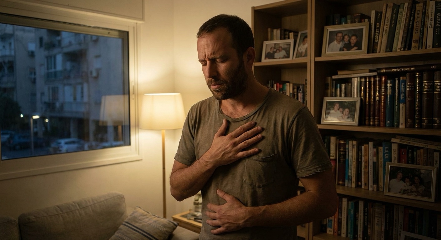 גבר ישראלי עומד בסלון בלילה עם יד על הבטן ומתרגל נשימה איטית כדי להרגיע דופק מהיר