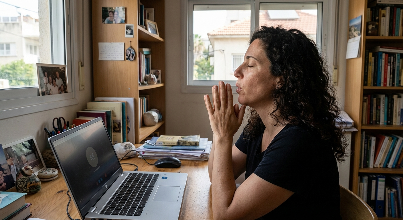 אישה ישראלית יושבת מול מחשב נייד לפני שיחת וידאו ונושמת עמוק