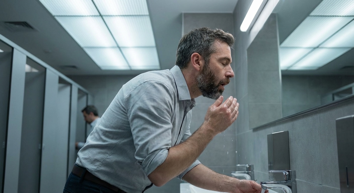 גבר ישראלי עומד מול מראה בחדר שירותים משרדי, שוטף פנים ונושם לאט כדי להירגע