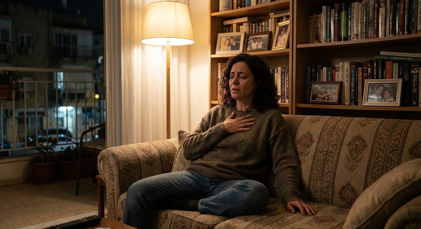 אישה ישראלית יושבת על ספה בסלון בלילה ומניחה יד על החזה תוך נשימה עמוקה להרגעת התקף חרדה
