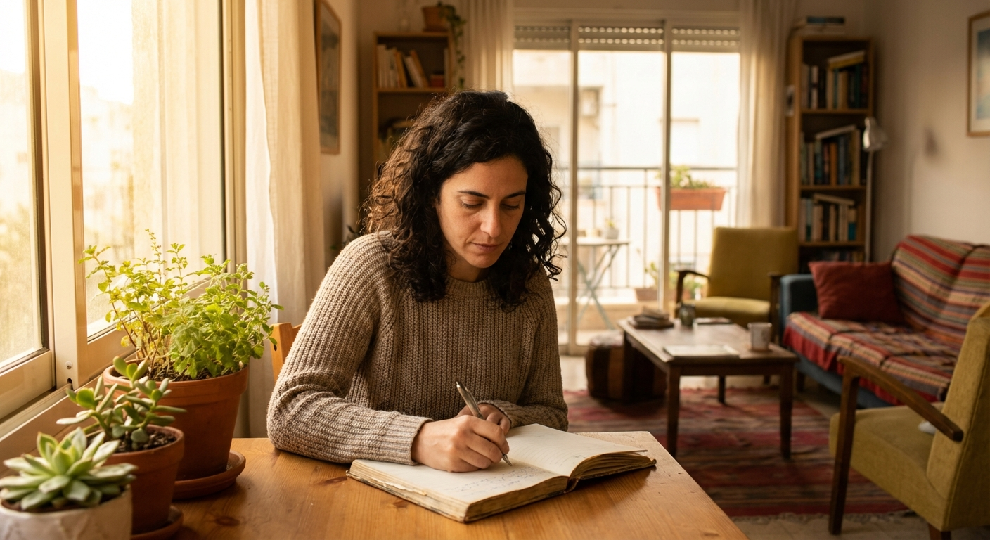 אישה ישראלית כותבת במחברת ליד חלון עם אור טבעי