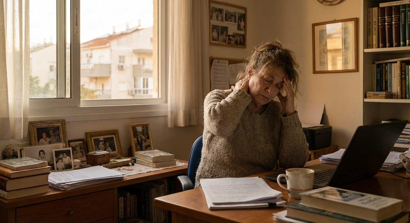 אישה ישראלית עייפה ליד שולחן עבודה ביתי משפשפת את הצוואר בתסכול