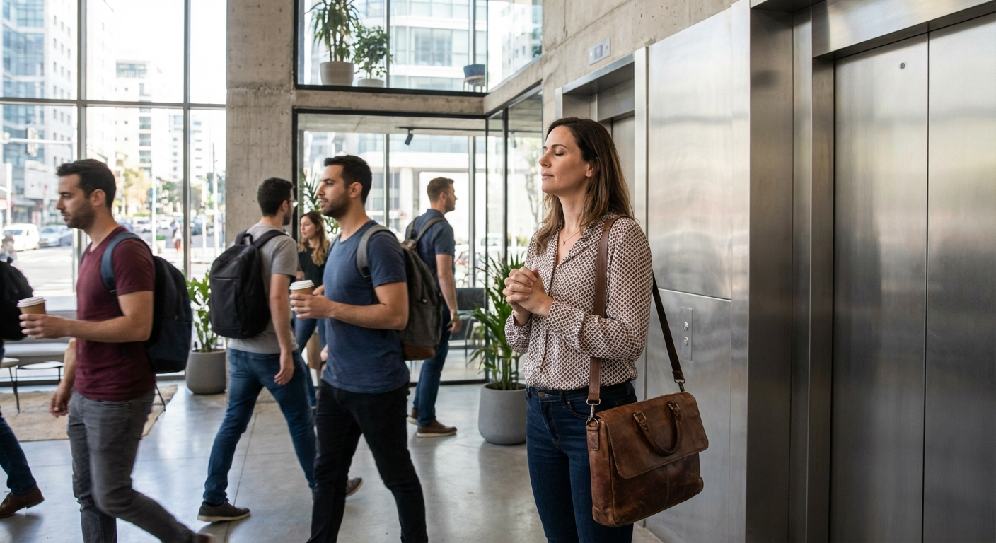 עובדת ישראלית עומדת מול מעלית בבניין משרדים עם תיק לפטופ ונושמת עמוק לפני עלייה לקומה