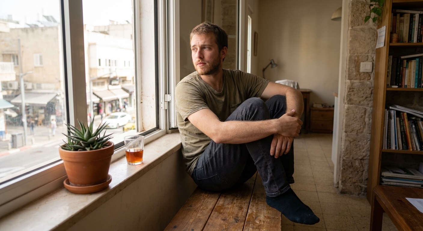 חייל ישראלי צעיר יושב על ספסל ליד חלון, אור טבעי רך, מביט החוצה במבט עייף ומהורהר