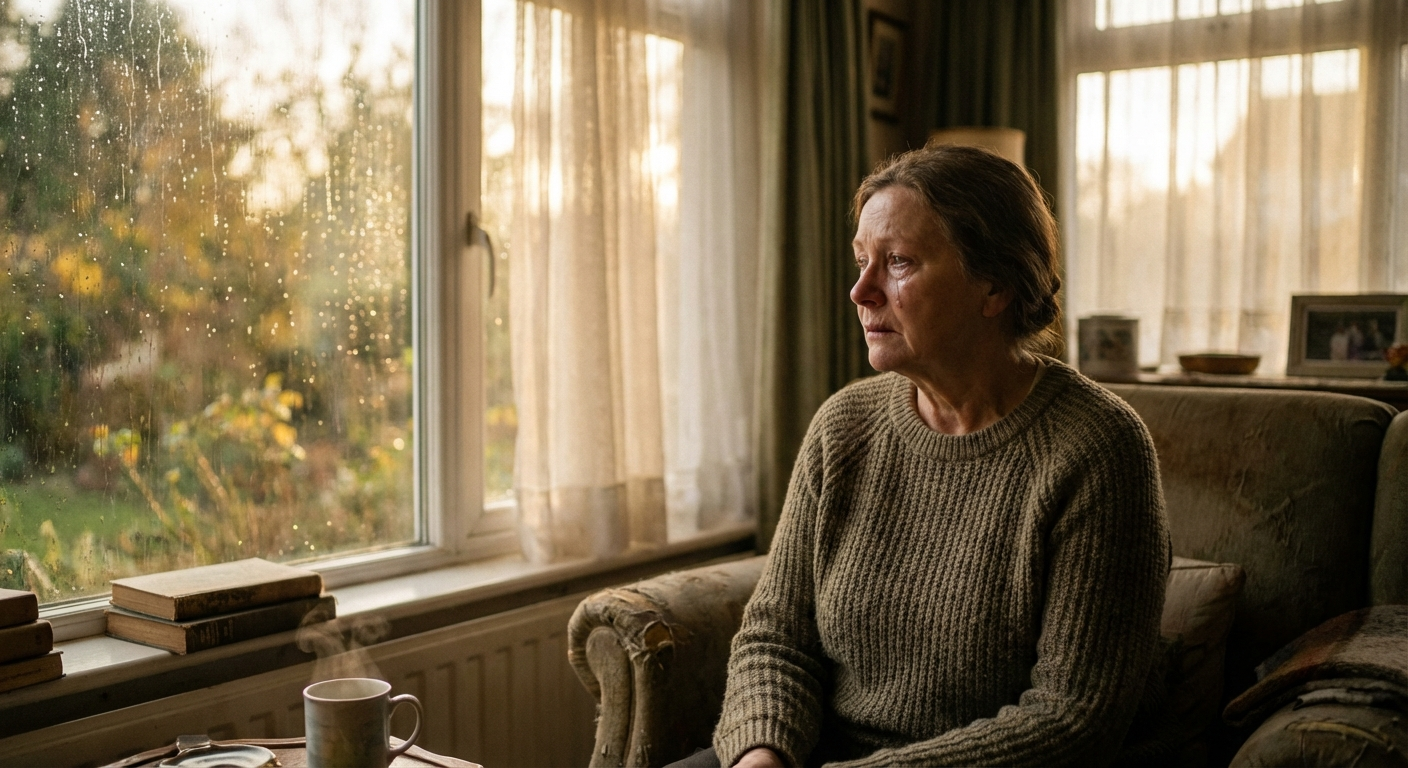 אדם יושב ליד חלון עם דמעות על הלחי, אור טבעי רך