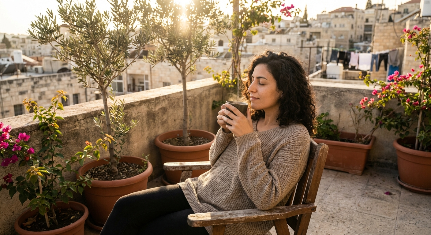 אישה ישראלית יושבת על מרפסת עם כוס תה חם ומריחה את הריח בעיניים עצומות