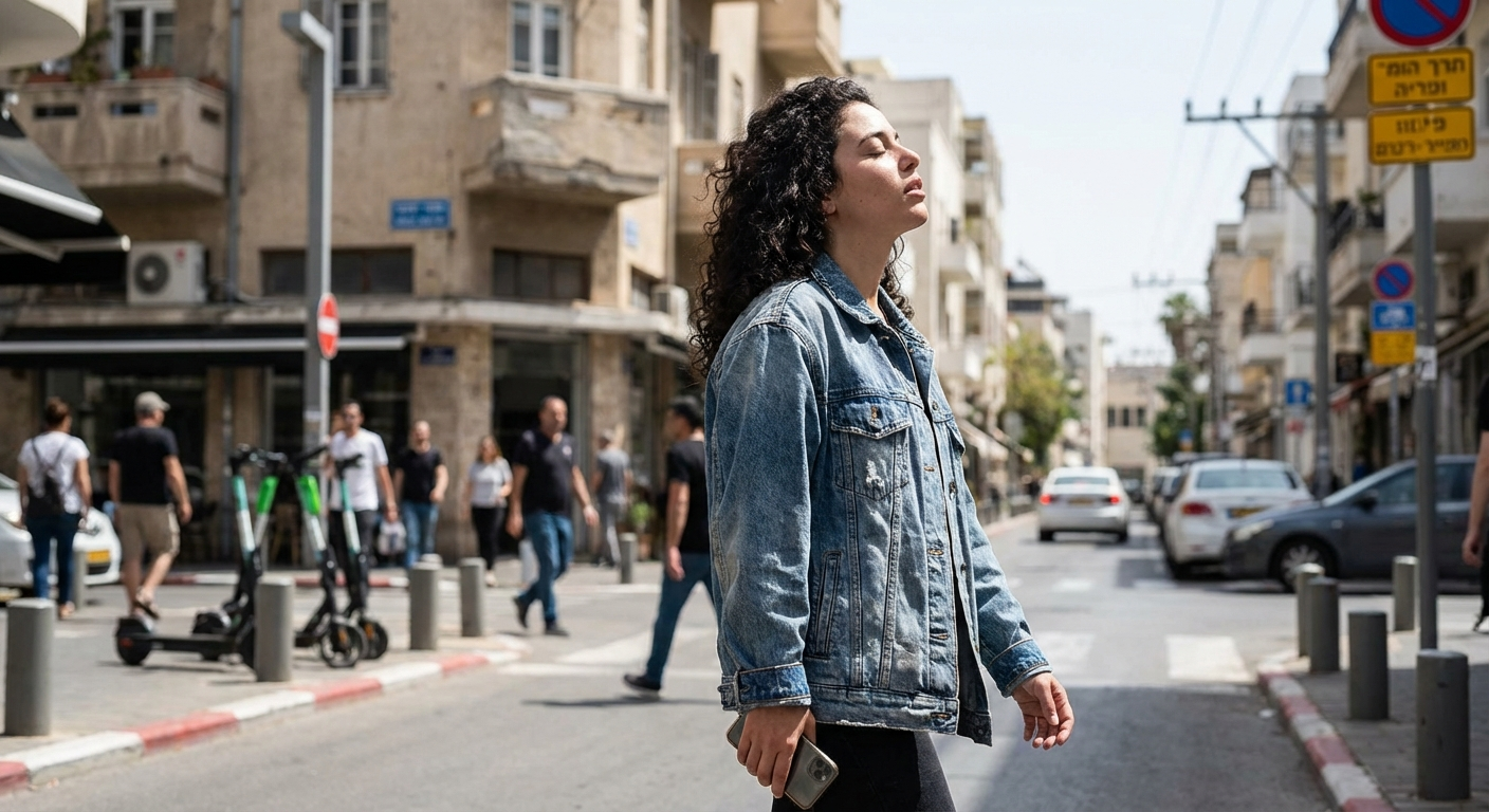 אישה ישראלית צעירה עוצרת באמצע רחוב עירוני, עוצמת עיניים לרגע ונושמת לפני שממשיכה
