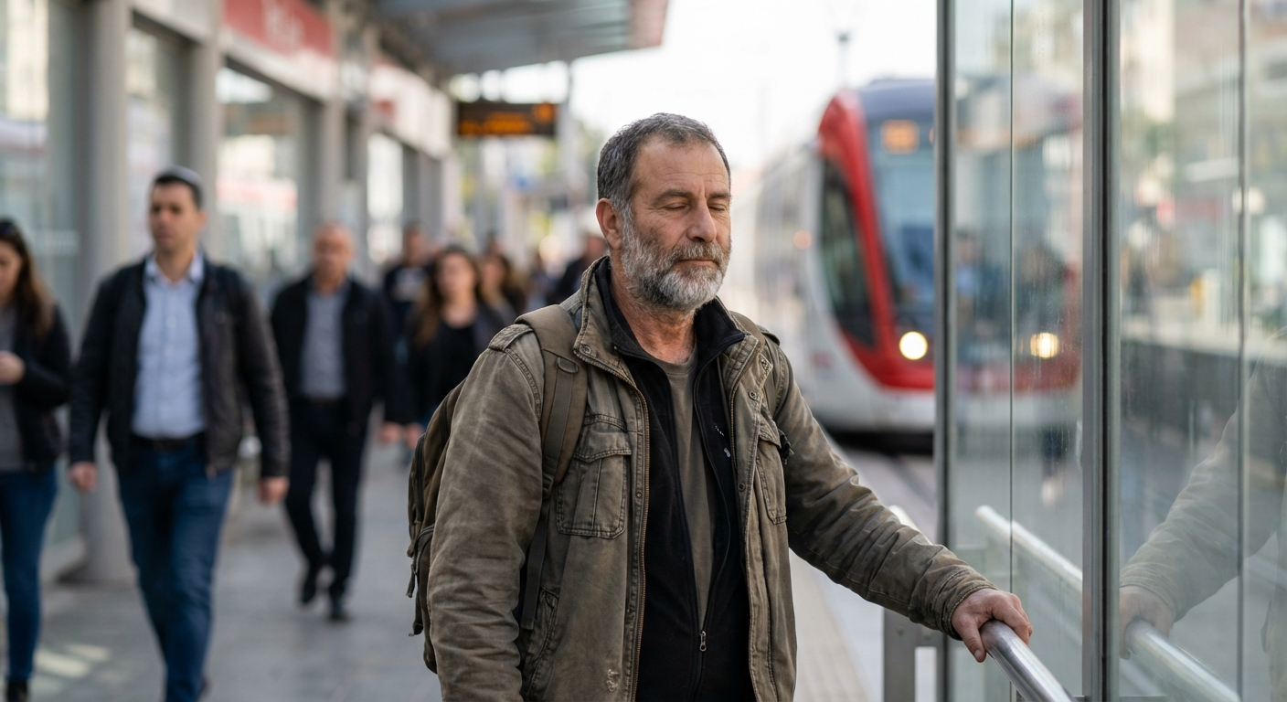 גבר ישראלי עומד בתחנת רכבת קלה בתל אביב, מבט רגוע קדימה בזמן שהוא עושה תרגיל קרקוע דיסקרטי