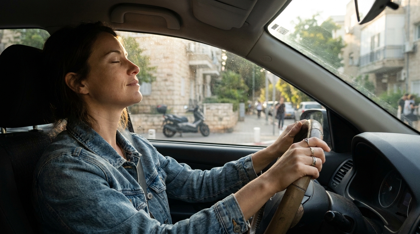 אישה בשנות ה-30 יושבת ברכב חונה, אוחזת בהגה ונושמת עמוק לפני נסיעה