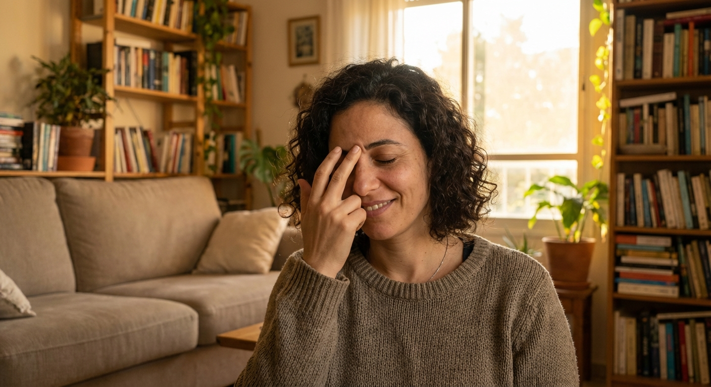 אישה ישראלית מטפטפת בעדינות על נקודת הגבה בישיבה רגועה בסלון