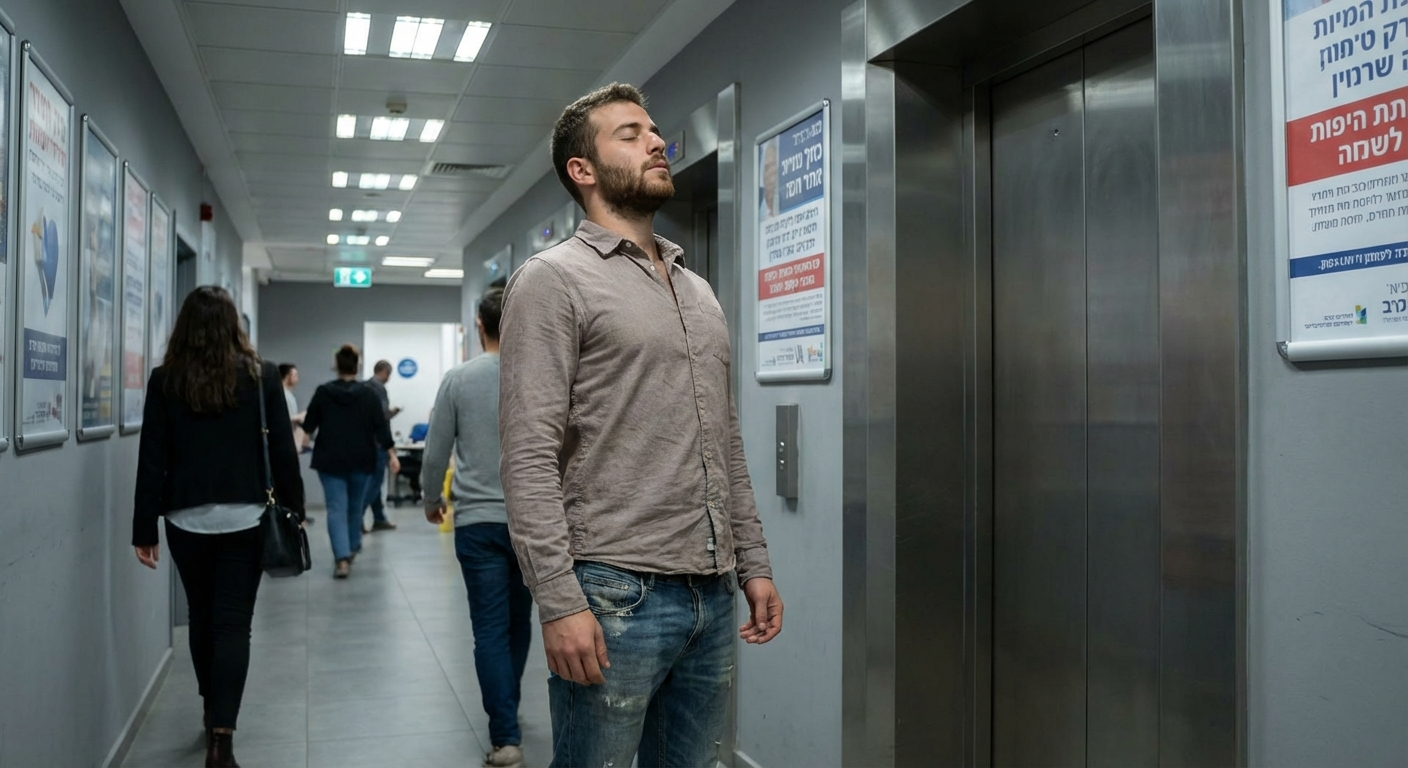 גבר ישראלי צעיר עומד בכניסה למעלית בבניין משרדים, לוקח נשימה עמוקה לפני הכניסה