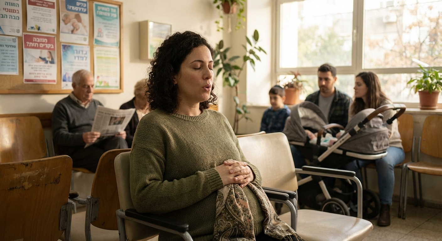 אישה ישראלית יושבת בחדר המתנה של מרפאת פוריות, נושמת עמוק עם ידיים על הבטן