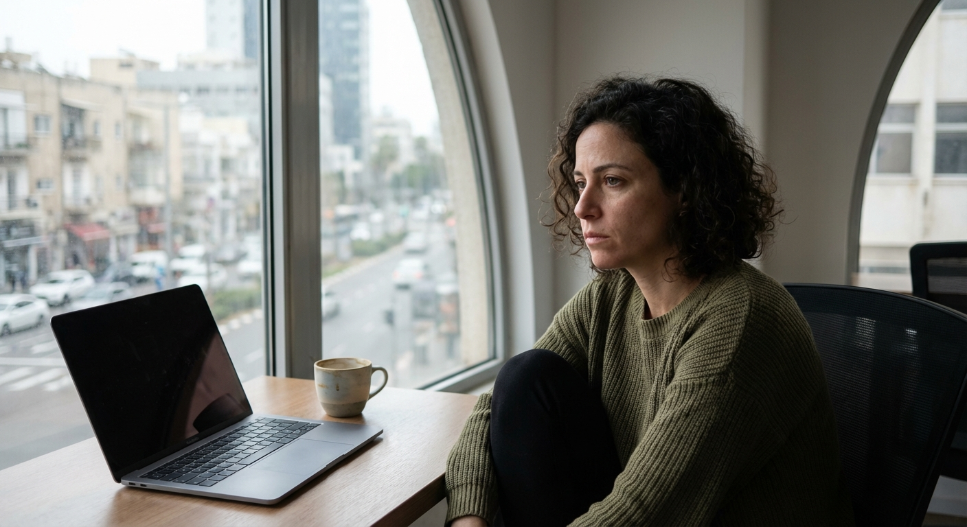 אישה ישראלית יושבת ליד חלון משרד, מסתכלת החוצה עם מבט עייף, אור טבעי רך