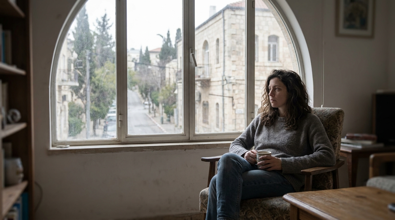 אישה בשנות ה-30 יושבת ליד חלון גדול ומביטה החוצה במבט מרוחק, אור יום רך