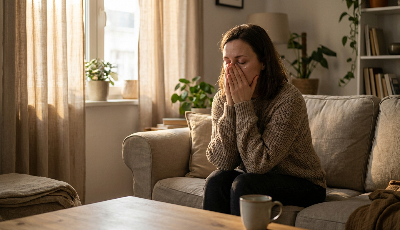 אישה יושבת על ספה ליד חלון עם ידיים על הפנים, אור רך של אחר צהריים