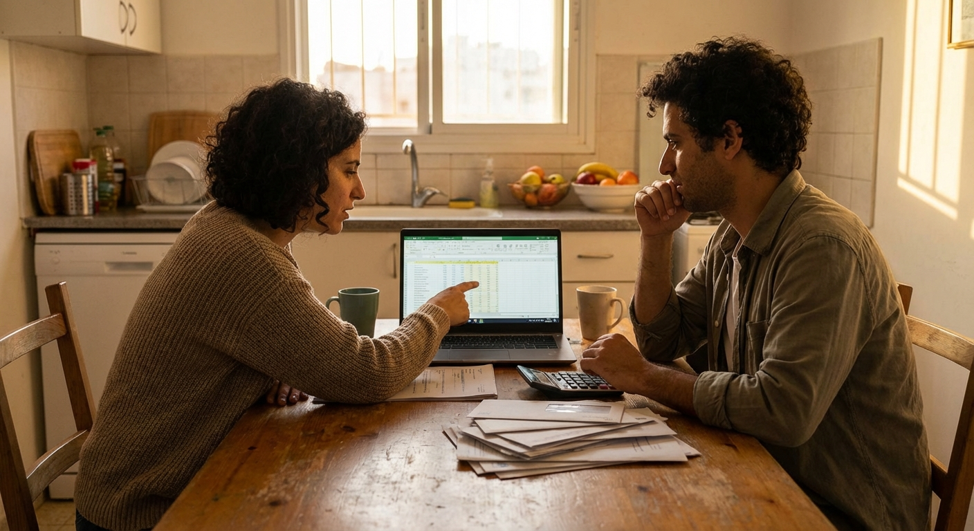 זוג ישראלי יושב במטבח בערב עם לפטופ וחשבונות, אווירה רצינית אך רגועה