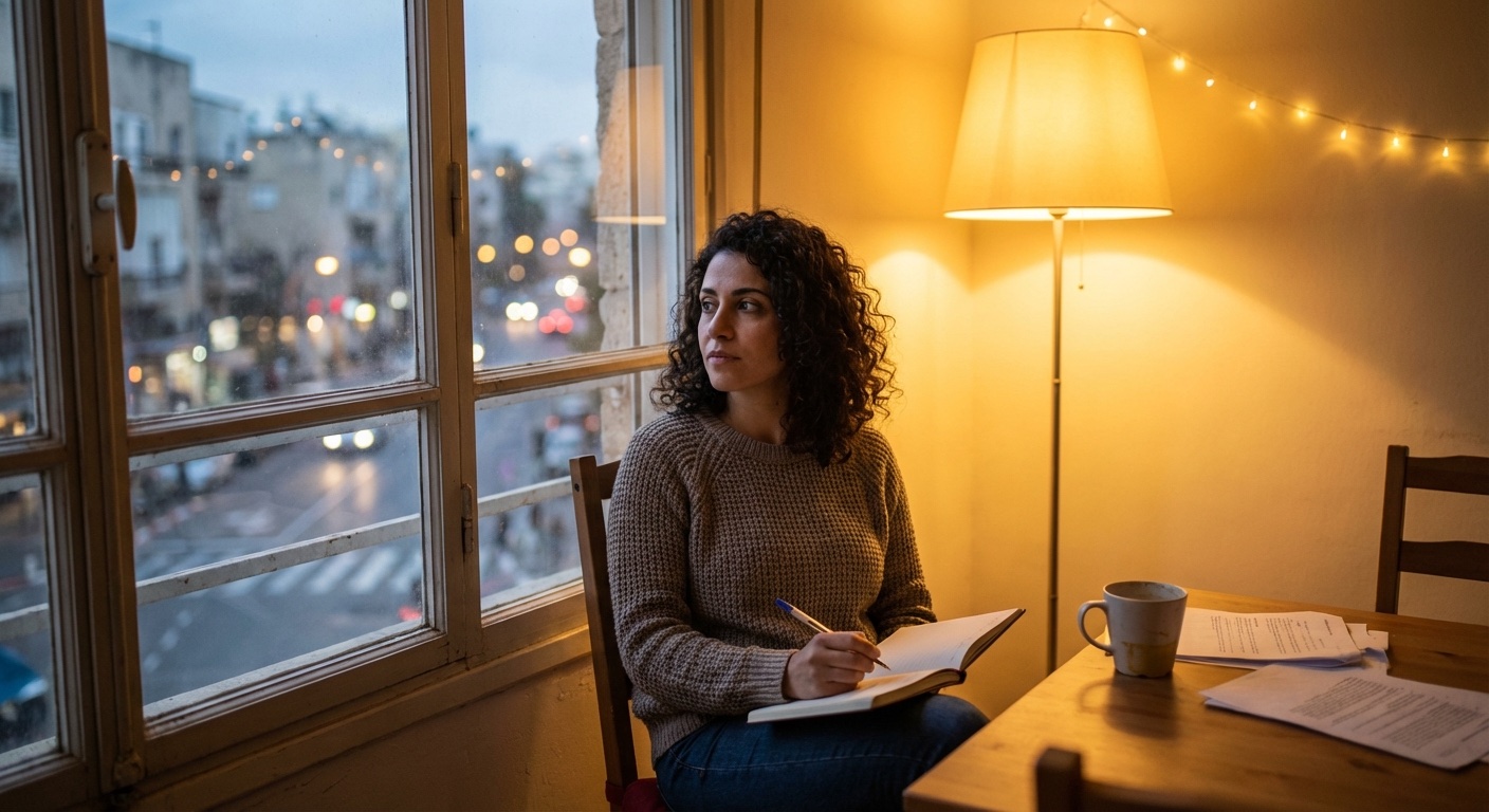 אישה ישראלית יושבת ליד חלון בערב עם מחברת פתוחה ואור חם בבית