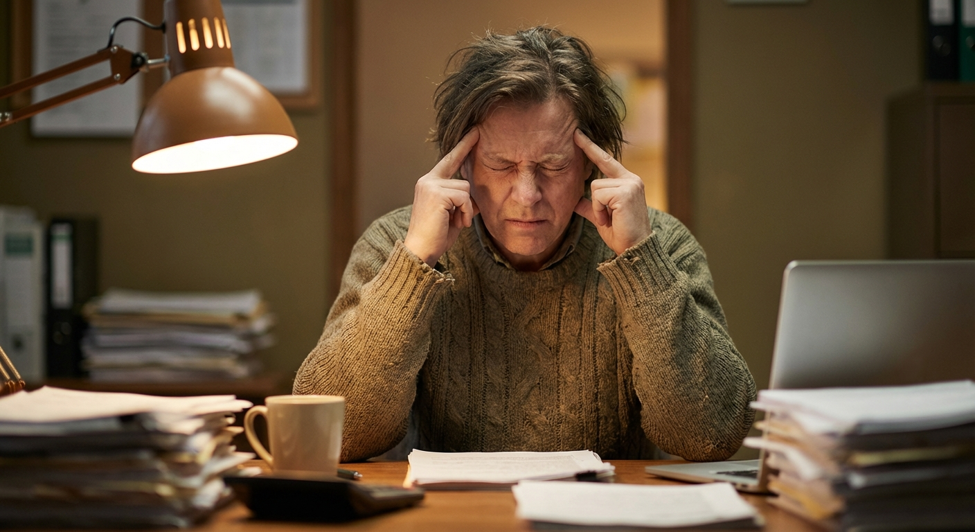 אדם יושב ליד שולחן עם עיניים עצומות ואצבעות לוחצות על הרקות, תאורה חמה