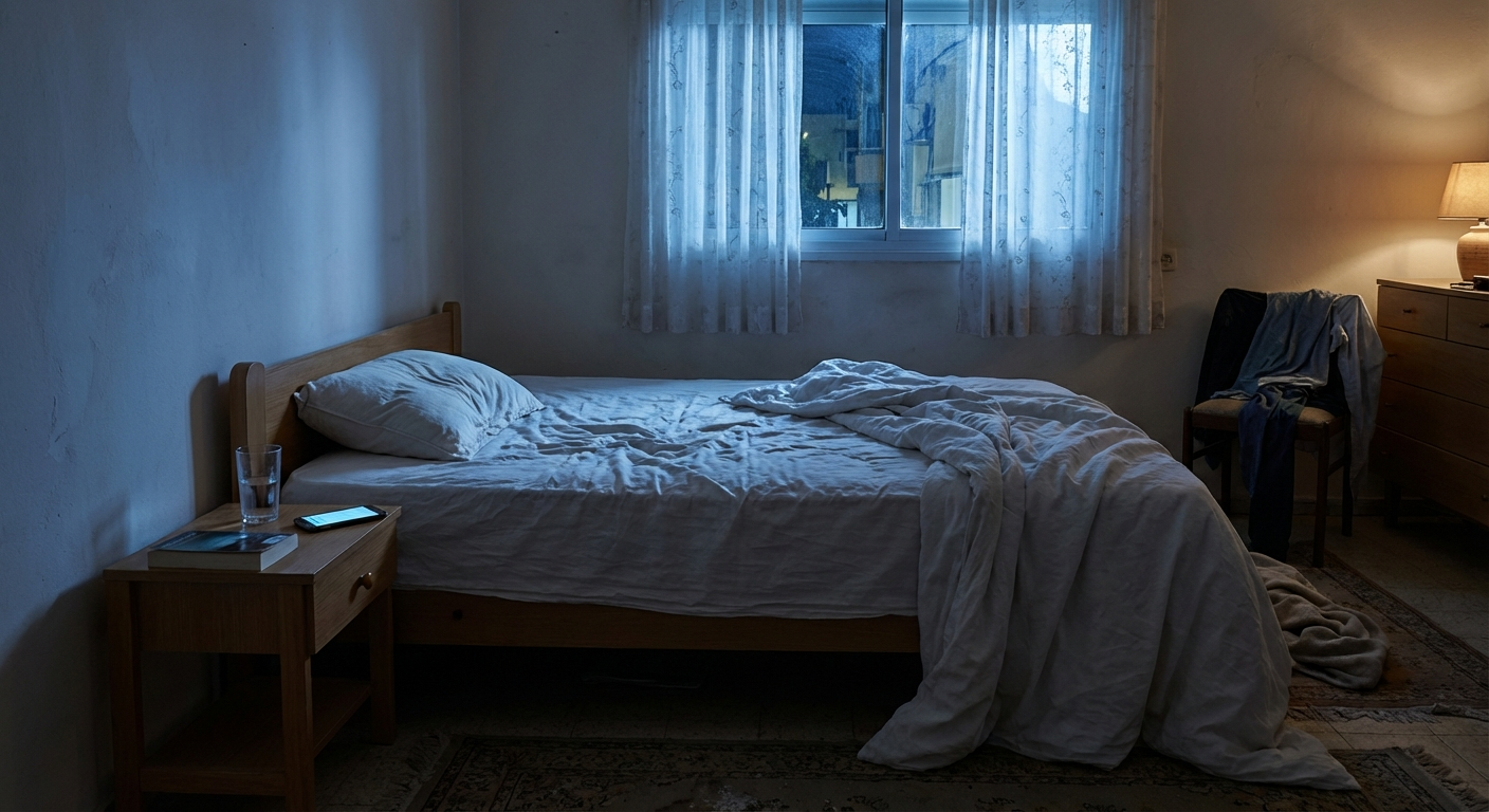 חדר שינה ישראלי בלילה, אור לילה כחלחל רך חודר דרך החלון, שמיכה מקומטת על המיטה