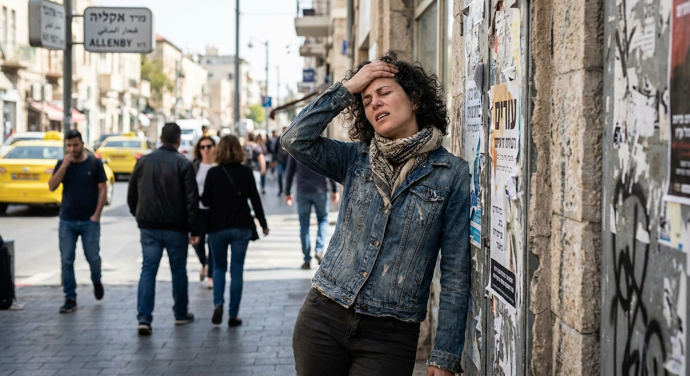 אישה ישראלית נשענת על קיר ברחוב ונושמת עמוק עם עיניים עצומות