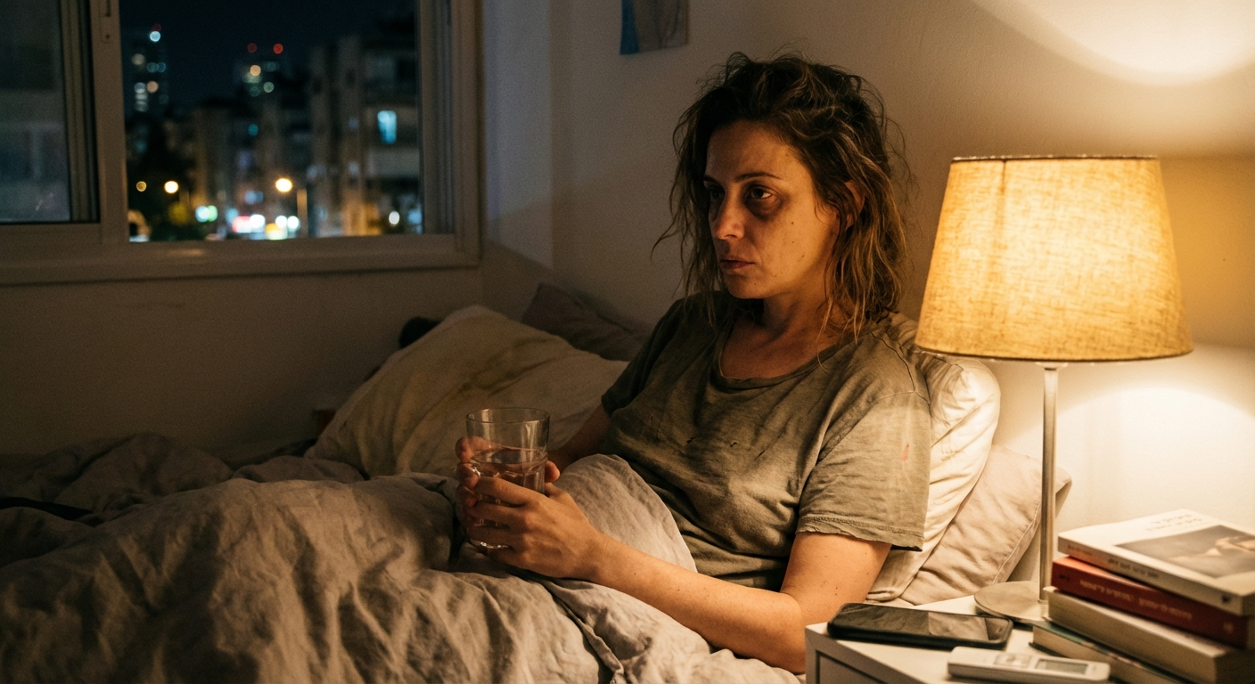 אישה ישראלית יושבת במיטה בלילה, מחזיקה כוס מים בשתי ידיים, מבט עייף וזהיר, תאורת לילה עדינה בחדר