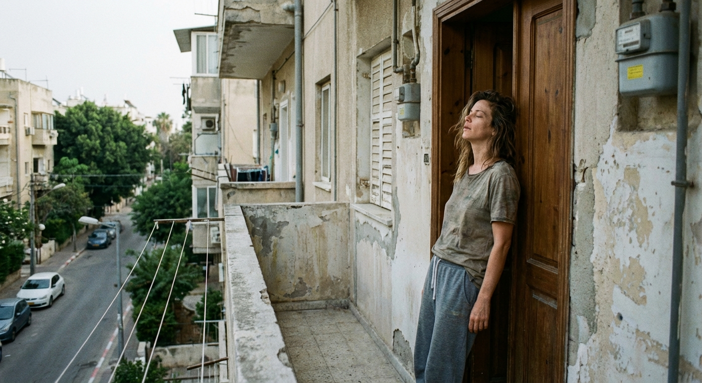 אישה ישראלית עומדת בפתח דירה בבוקר אחרי לילה מתוח, נושמת עמוק לפני יציאה החוצה