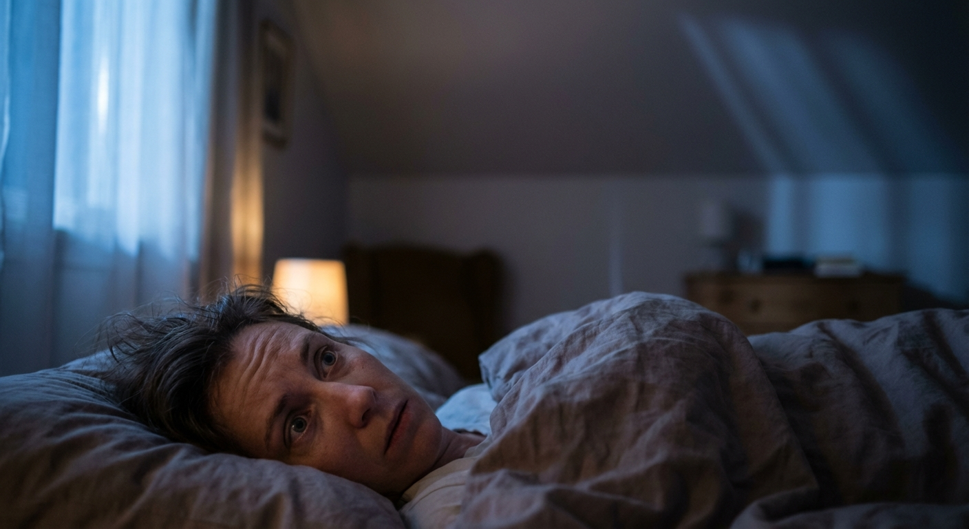 אדם שוכב ער במיטה בלילה ומביט בתקרה בחשש, אור כחלחל של ירח חודר מהחלון