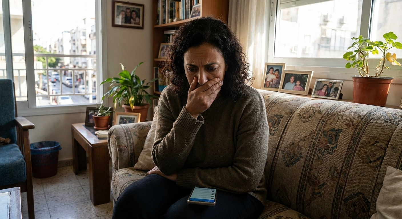 אישה ישראלית יושבת בסלון ומסתכלת על הטלפון בחרדה, ממתינה לתוצאות בדיקה