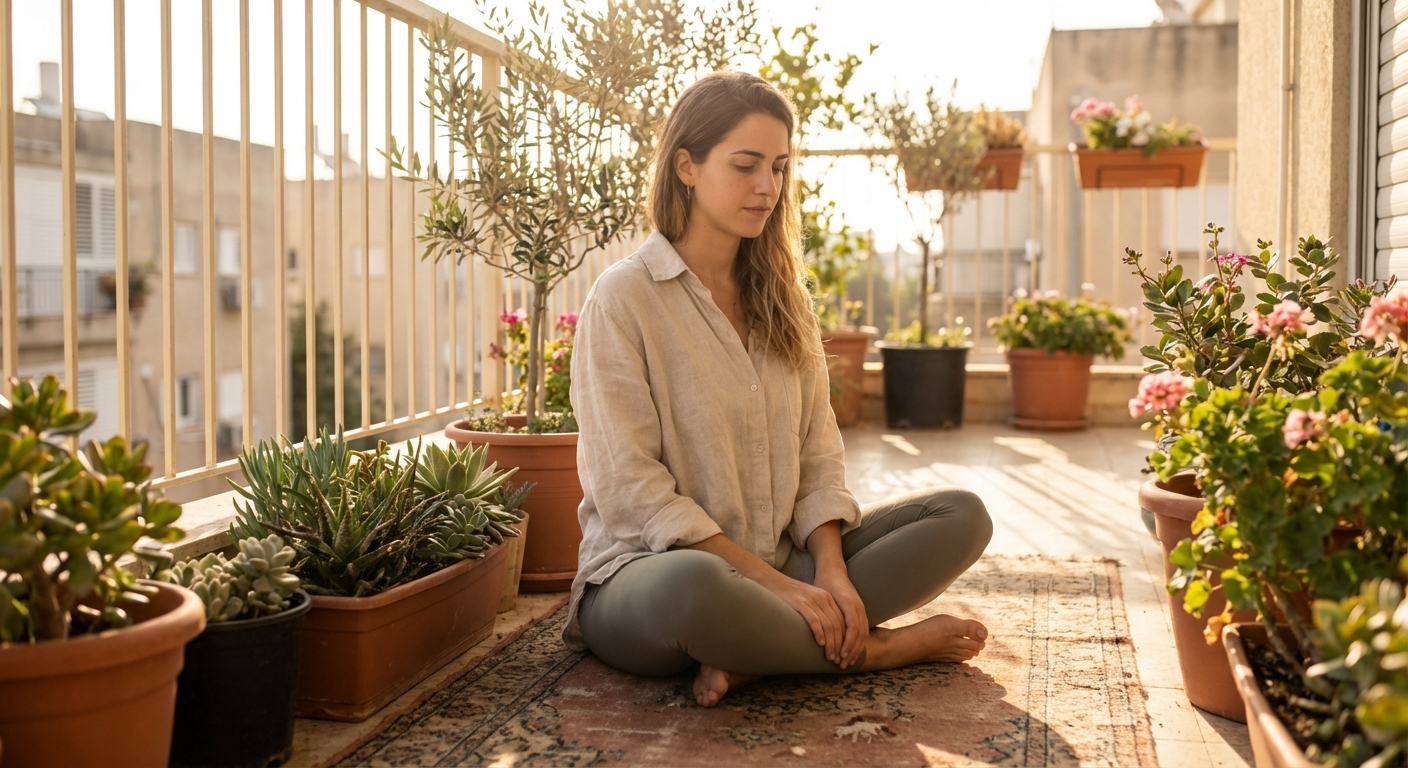 אישה ישראלית צעירה יושבת במדיטציה על מרפסת בתל אביב באור בוקר רך