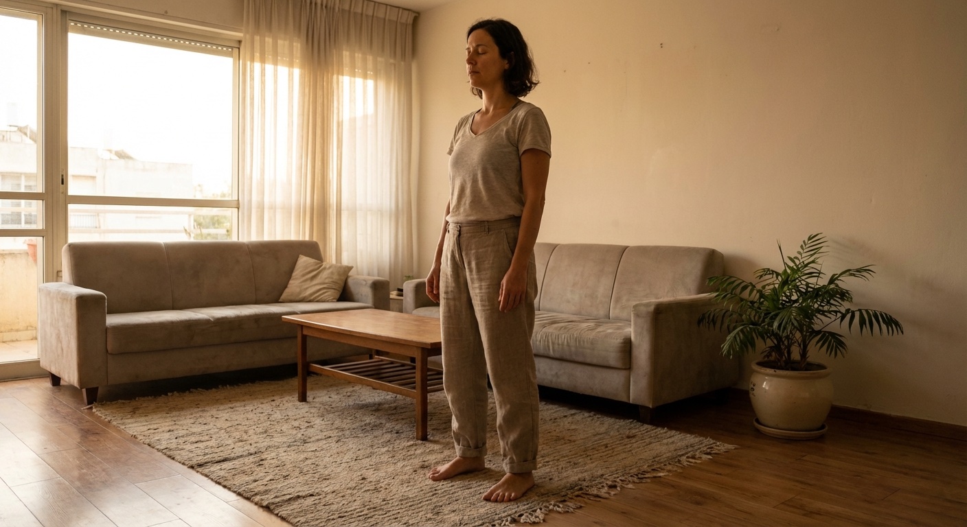 אישה ישראלית עומדת יחפה בסלון ולוחצת את כפות הרגליים לרצפה כדי להירגע מחרדה