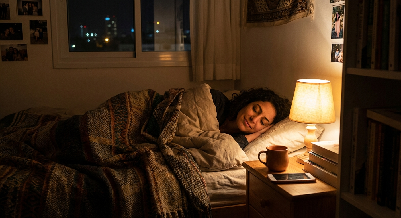 אישה ישראלית שוכבת במיטה בחדר חשוך עם עיניים עצומות, הבעת פנים רגועה