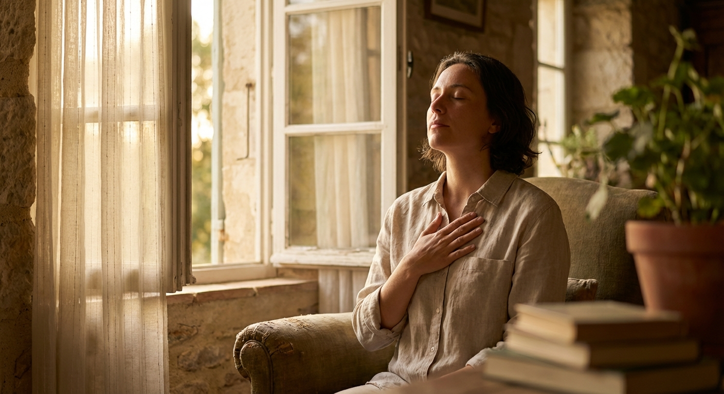 אישה עומדת ליד חלון פתוח עם יד על החזה ונושמת לעומק