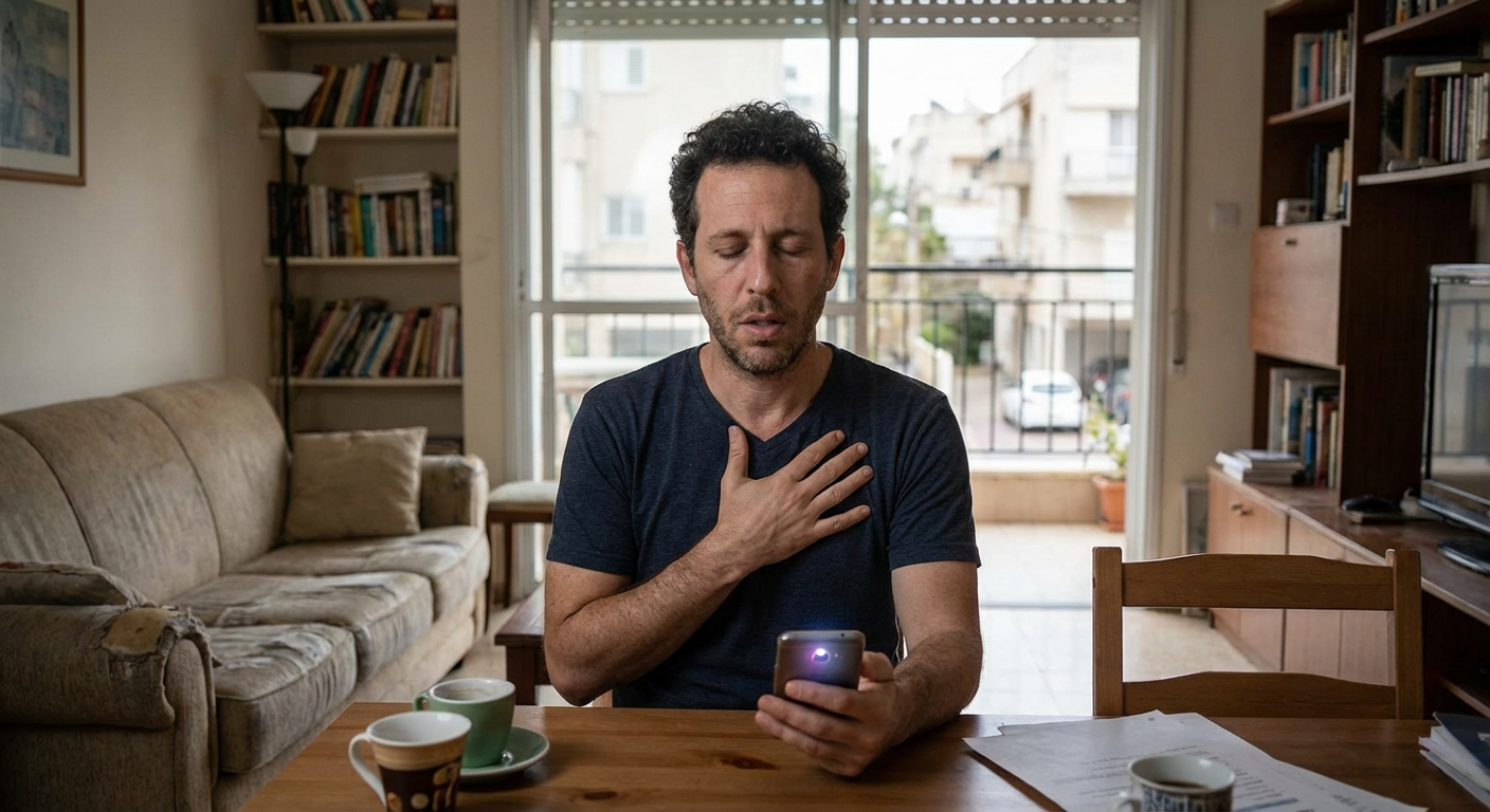 גבר ישראלי בסלון מסתכל על טלפון שקיבל התראה, עוצר ונושם לפני פתיחת ההודעה