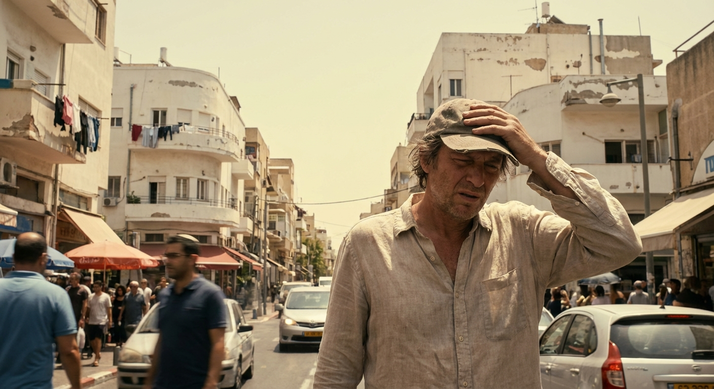 אדם עומד ברחוב ישראלי בשמש קשה של צהריים ונראה מוצף מהחום